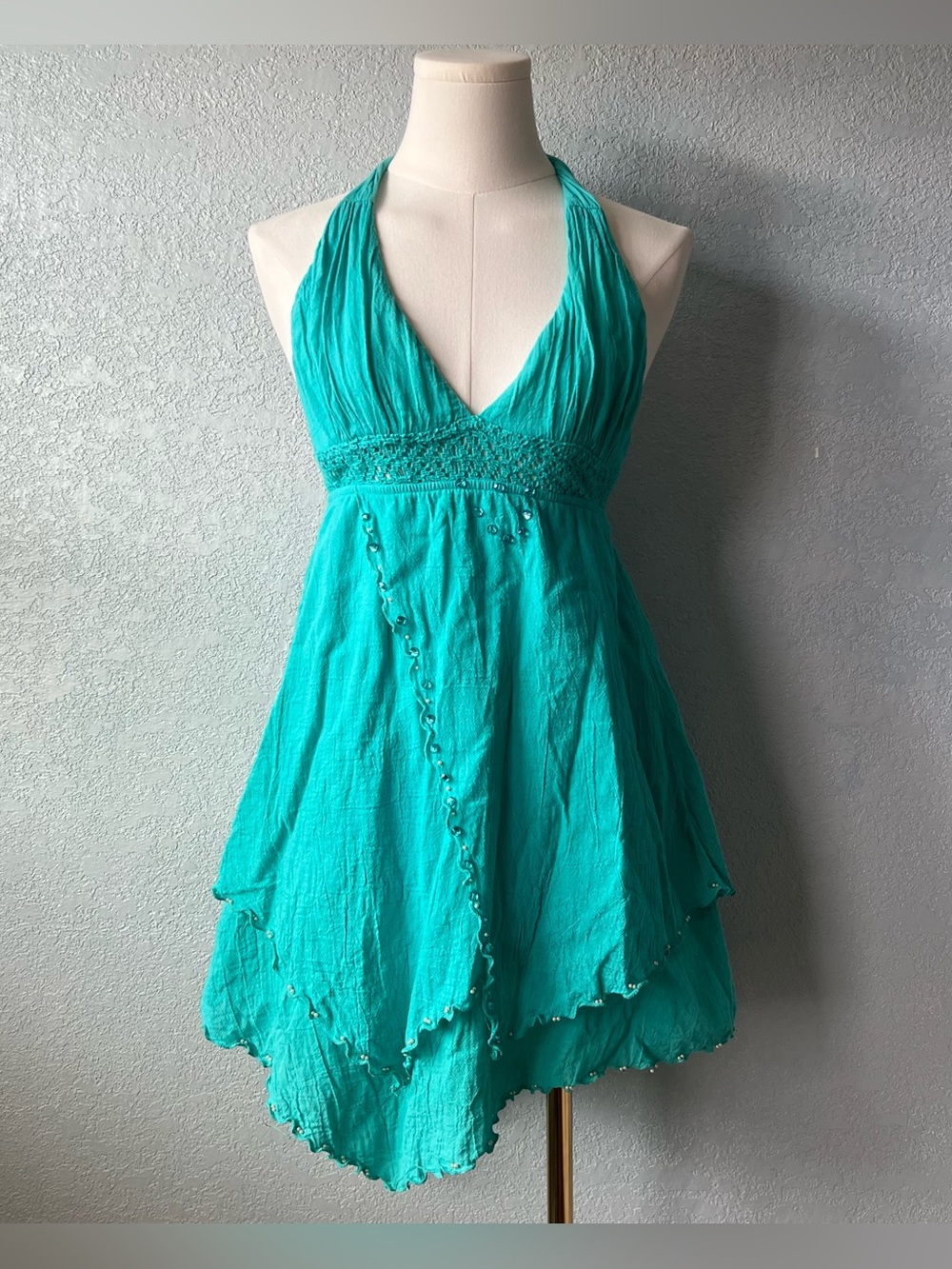 Vintage BECO Made in USA Turquoise Halter Dress Beaded Crochet Y2K Fairy Boho S